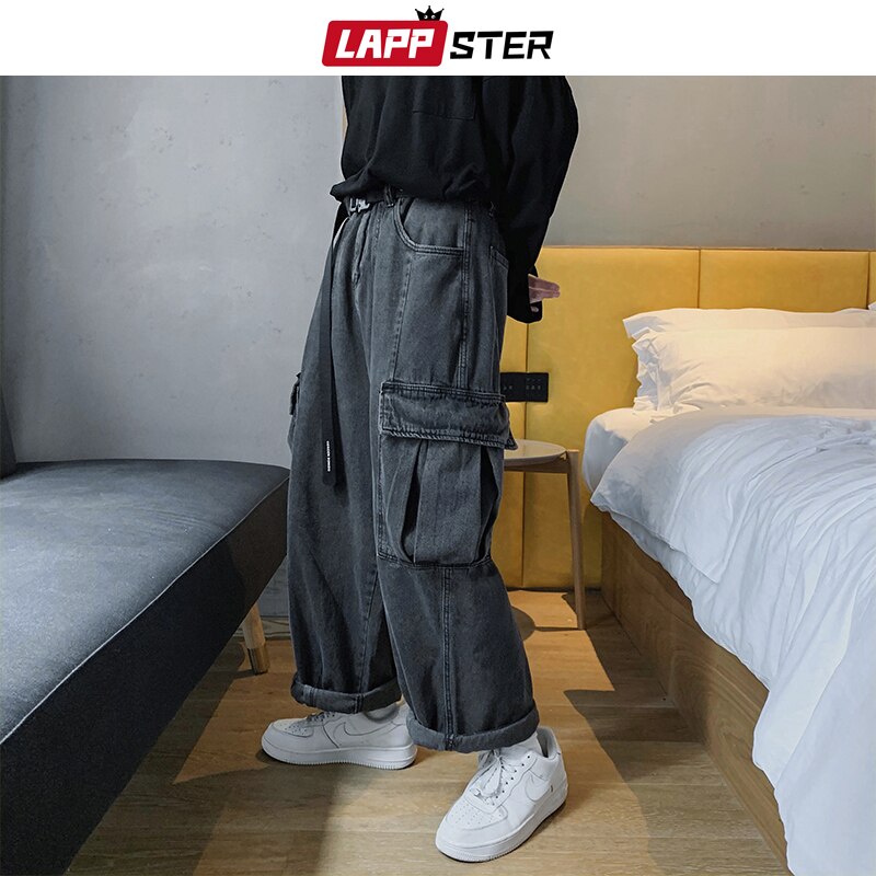 Lappster mænd sorte baggy jeans store lommer kpop hip hop harem bukser højtaljede vintage oversized denim bukser plus str.