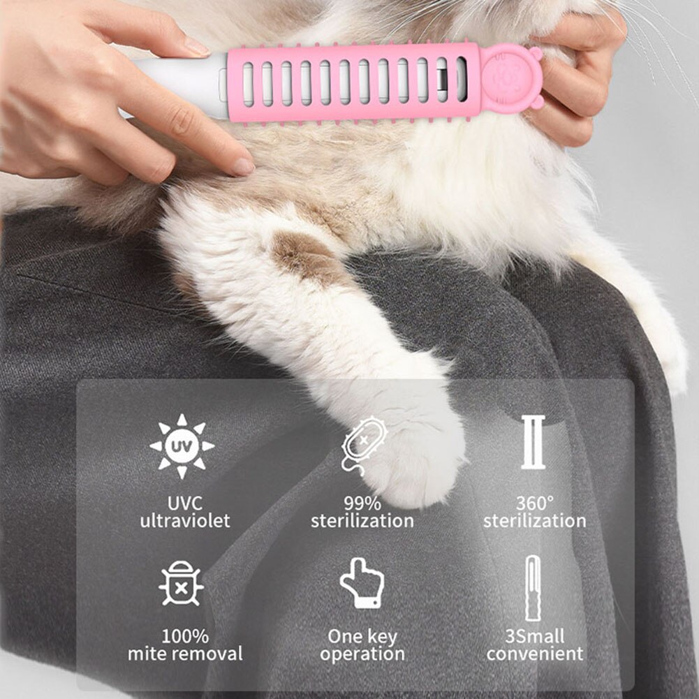 Hand Held Pet Electric Massage Comb UV Disinfection Lamp Sterilization Kill Mites Removal Hair Brush Portable Dog Cat Grooming