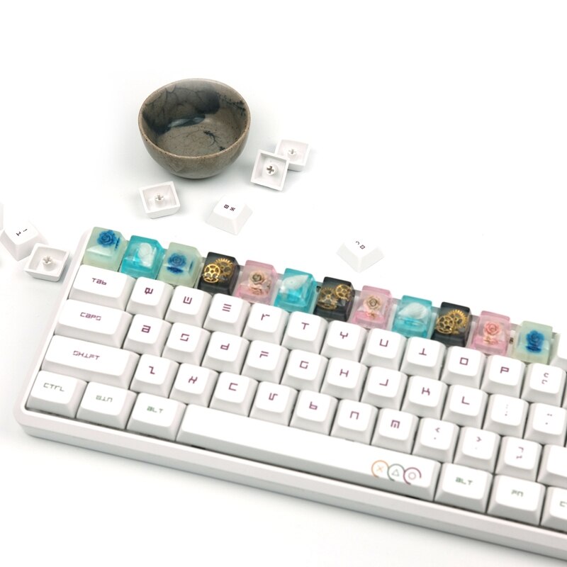 Juego de teclas de resina hechas a mano, cubierta de teclado mecánico Universal, rosa, blanco, rosa, carcasa azul, engranaje negro, 1 Juego