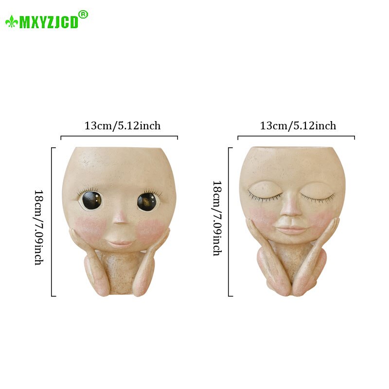 Pop met grote ogen, vaas van hars, figuur, sculptuur, knutsel- en opbergcontainer, bloemstukcontainer, huisdecoratie, accessoires