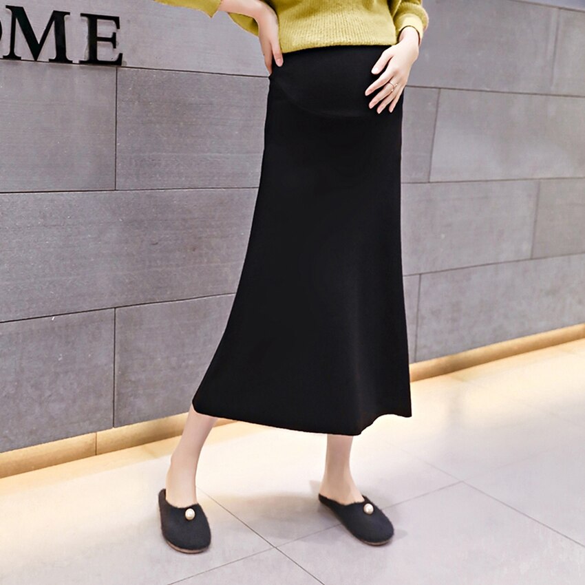 Falda larga de punto para mujer embarazada, Vestido largo de maternidad, de otoño e invierno,: Negro / L
