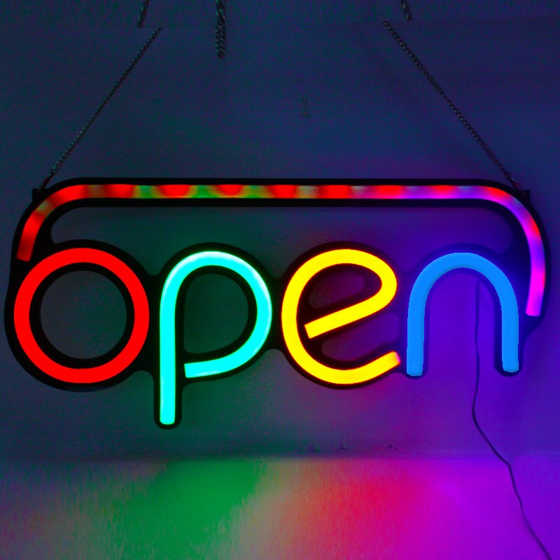 Letreros abiertos de neón para tienda de negocios, letreros de estilo abierto con 4 letras de color y blanco/flahing LED de borde, , 5 uds./cartón
