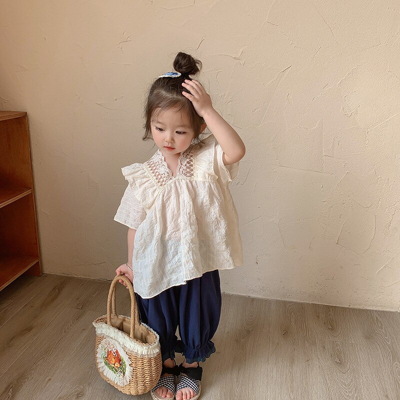 Meisjes Korte Mouw Zomer Zoete Leuke Kant Kleine V-hals Kinderen Casual Effen Kleur Katoenen Baby Shirt Meisjes Shirts