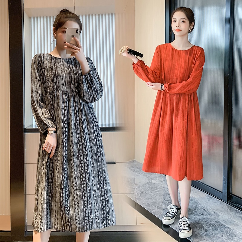 Autumn Plus Size Maternity Long-sleeved Lactation Dress Vintage Nursing Clothes Chiffon Postpartum Women Breastfeeding Dress