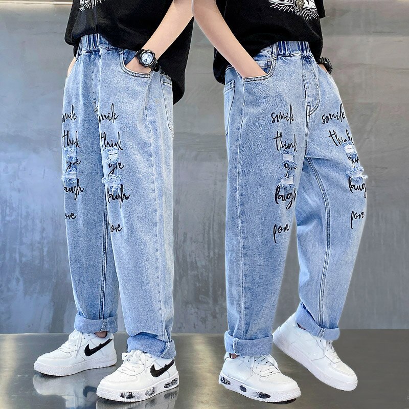 Pantalones vaqueros azules para niños, ropa de calle con letras rasgadas y agujeros, largos, lavados, para verano, 8, 10, 12 y 14 años