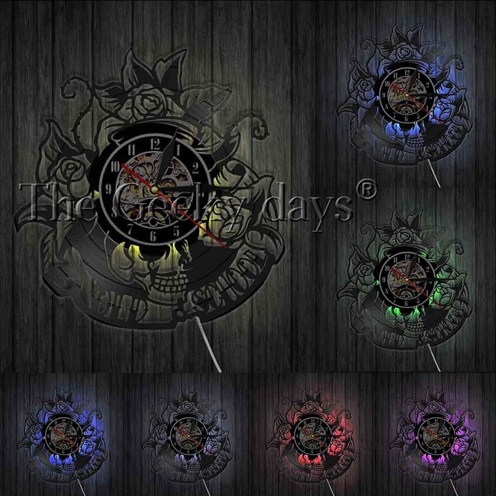 Cd vinil registro relógio de parede do vintage antigo estilo escola preto decoração da casa relógio de parede led crânio flores rosas para tattooist presente