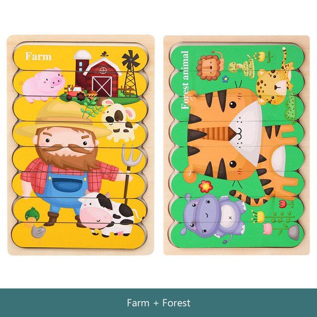 Kid Montessori Gehirn Holz Tier 3D Puzzle Spielzeug doppelseitige Streifen Jigsaw Erzählen Geschichte Stapeln Pädagogisches Spielzeug Für Kinder: Rosa