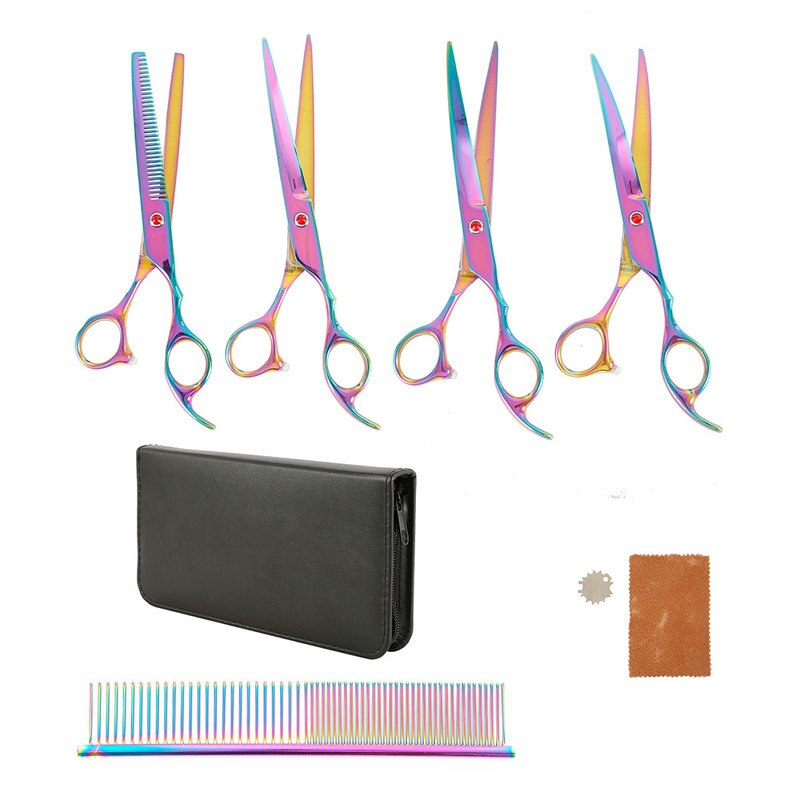 8 pièces chien ensemble de ciseaux toilettage chiens peigne cisaillement coupe-cheveux droite amincissement courbe ciseaux produits pour animaux de compagnie