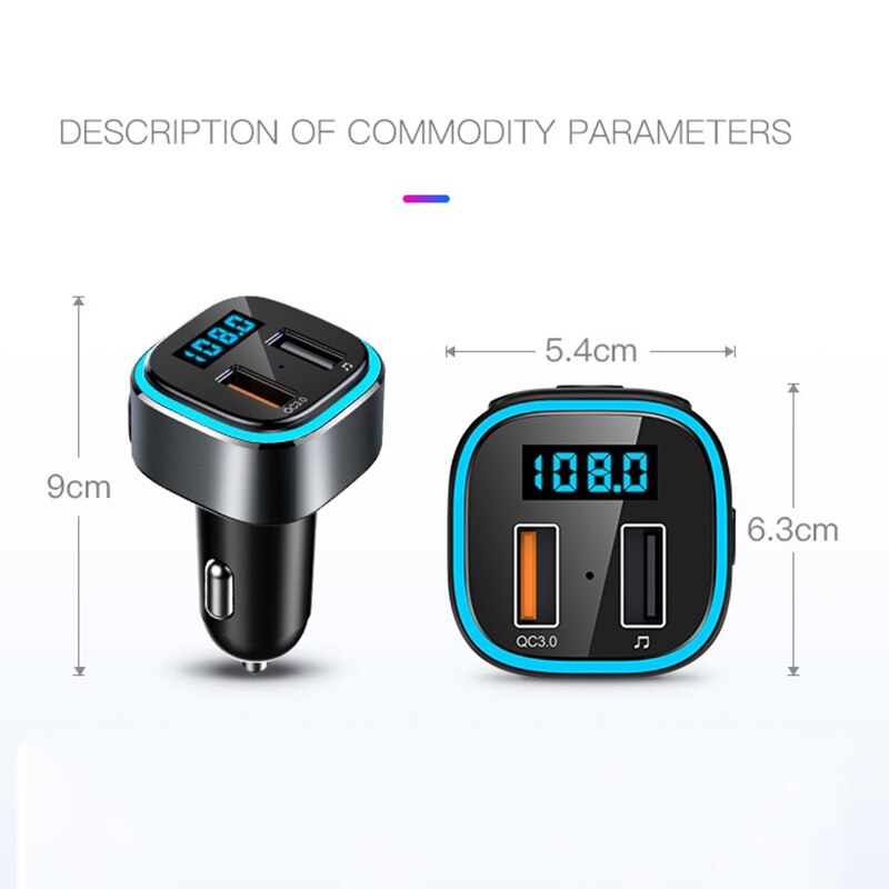 Bluetooth 5.0 fm -lähetin usb-musiikkivastaanotin auton  mp3 -soitin pikalataus  qc 3.0 kaksois-usb-laturi värikkäällä tunnelmavalolla