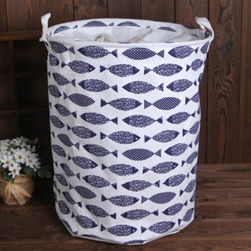 35cmx45cm Folding Drawstring Port Dirty Clothes Laundry Basket for Toy Clothing Storage Bucket Laundry Organizer: blue fish 35x45cm