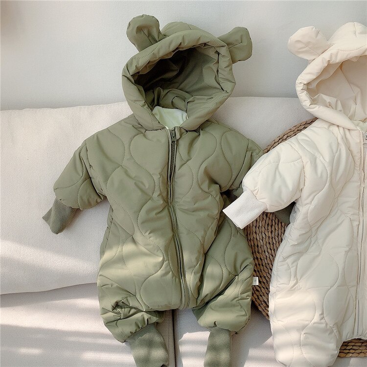 Nyfødt pige jumpsuit hættetrøje vinter spædbarn overalls babyfødt tøj dreng varm snedragt frakke kid bjørn romper toddler overtøj: Grøn / 6m