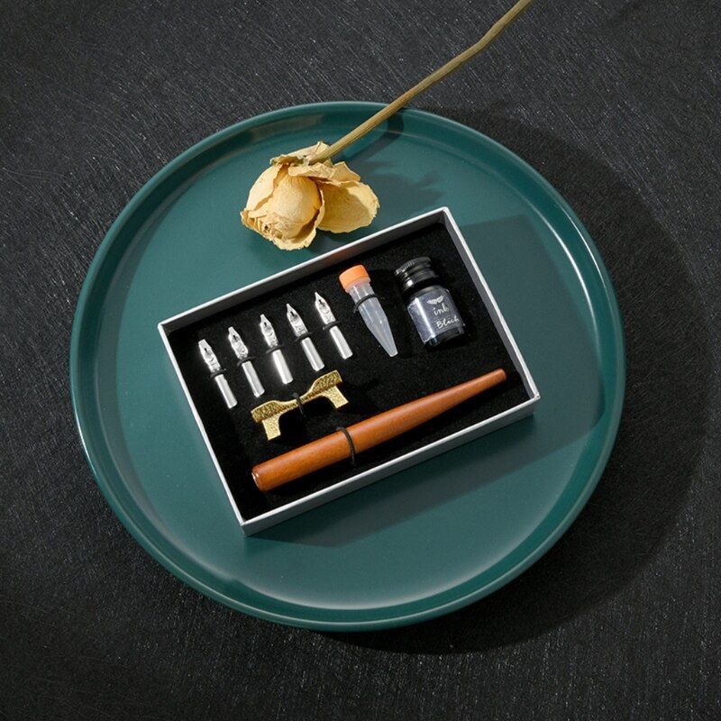 1 Set Retro Calligraphy Fountain Dip Pen with 5 Nibs Ink Kit Box for Lettering Sketching Drawing Stationery