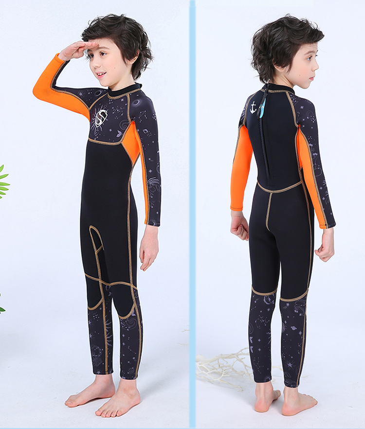 kids teenage youth full wetsuit 2.5mm neoprene long sleeve suit one-piece keep warm for cold water diving surf swimming: 1905 black orange / XL