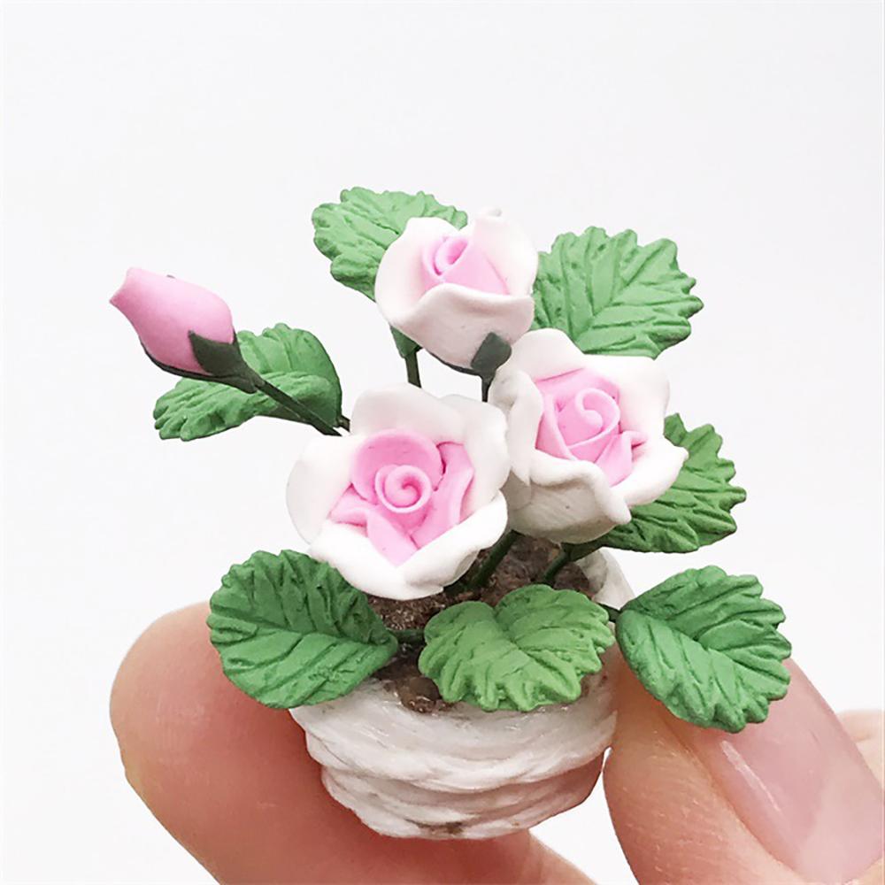 1:12 Dollhouse Miniature Green Mini Tree Potted For Green Plant In Pot Furniture Artificial Flower Home Decor Potted Plants: Pink