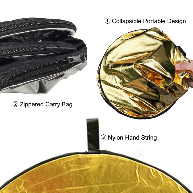 60cm Collapsible Reflector Portable Round Eye Light Gold Silver Diffuser for Outdoor Studio Photo Vlog Soft Photography Lighting