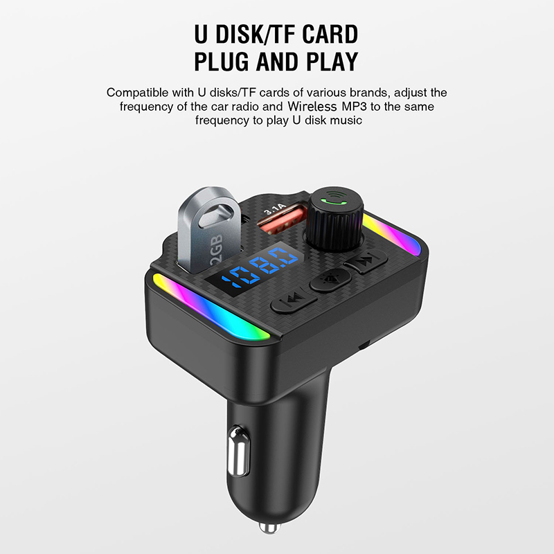 Bluetooth 5.3 bil fm-sändare pd typ-c dubbel usb  mp3- spelare bilradio modulator snabbladdningsadapter handsfree färgglatt ljus