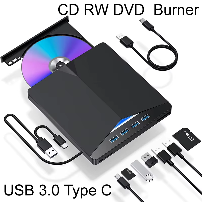7-in-1 USB 3.0 Type C External CD DVD Optical Drives Ultra-Slim Burner Recorder Reader Player Tray Type for PC Laptop Notebook