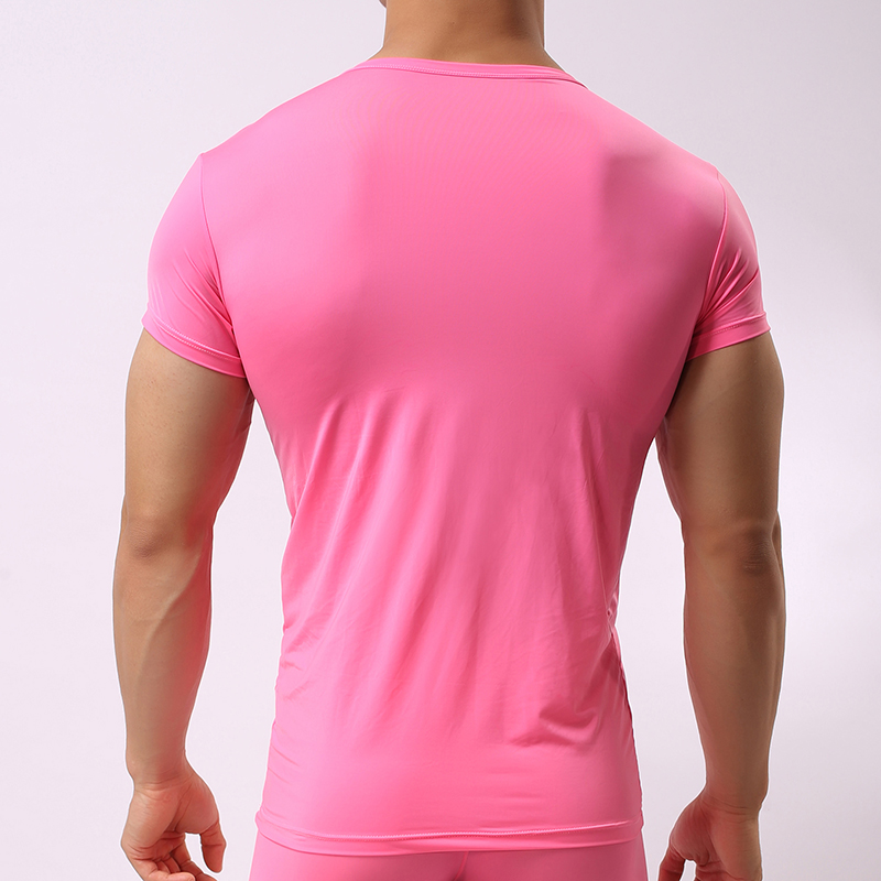 Sexy Ultra-thin Sheer Man Fitness Polyester Undershirts Gay Ice Silk V-neck Transparent Shirts Size S M L XL