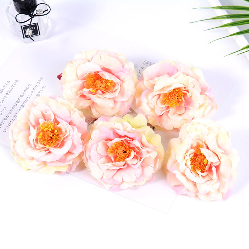 2 stk 9cm butikk kunstige pioner blomst silke rose til bryllupsfest hjemmedekorasjon diy krans utklipp blomst: Rosa / 5 stk