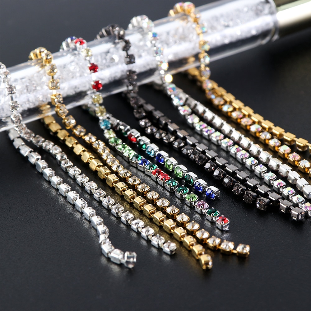 6 st diamanter metallkedja strass på naglar linje 3d färgglada randiga smycken flatback ädelstenar strass nail art tillbehör  be799