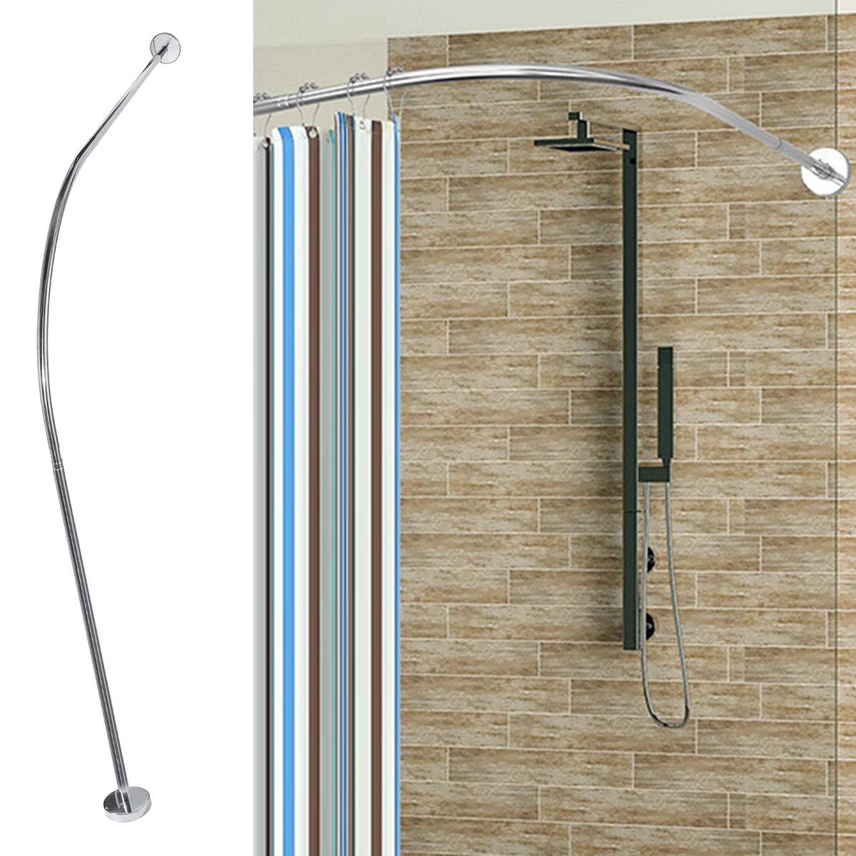 Barre de rideau de douche courbée extensible en forme de U, tringle de salle de bain en acier inoxydable 201 sans perforation, 6 tailles