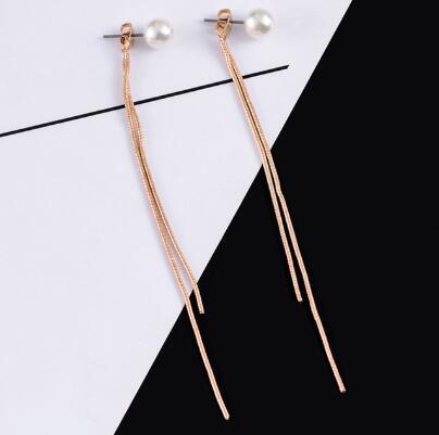 Korean Silver Plated Dangle Hanging Earring CZ Gem Stone Pearl Long Tassel Earrings For Women Brincos Bijoux: Gold pearl