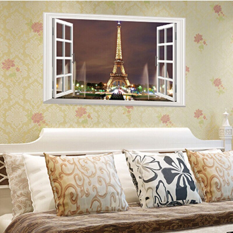 3D Window Paris Eiffel Tower Wall Sticker Art Vinyl Decal DIY Mural Home Decor Wall Art Decal For Rooms