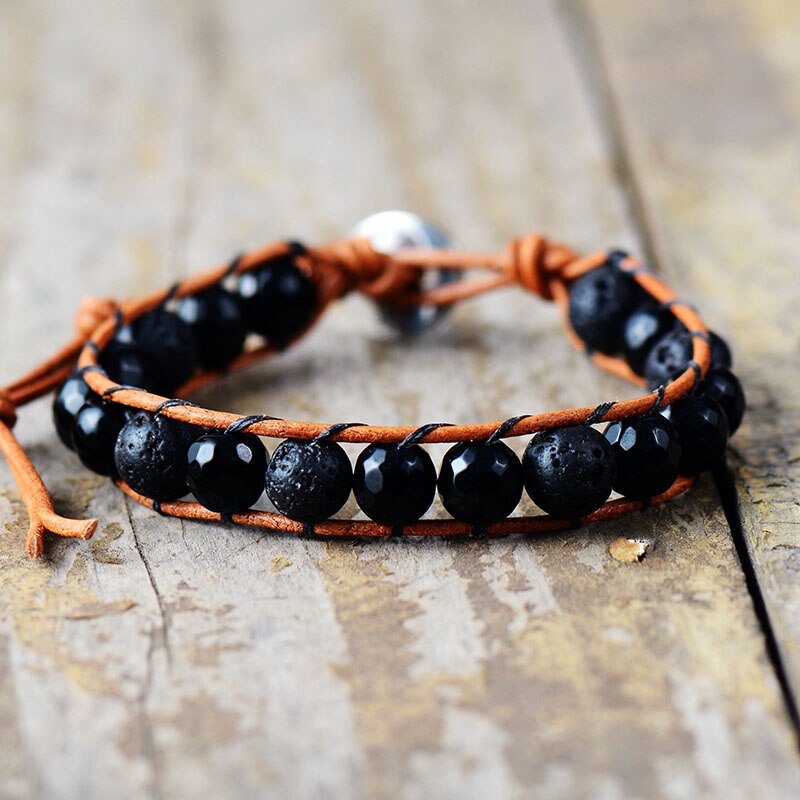 Mannen Lederen Armband 8Mm Lava Stone Onyx Leather Wrap Armbanden Vintage Weven Bead Armband Handgemaakte Mannen Punk Armband