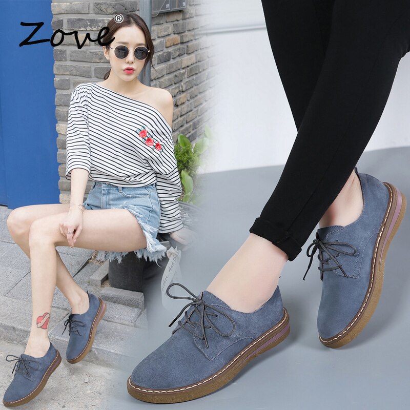 ZOVE Frauen Flache Schuhe Herbst Fette Oxford Schuhe Damen Wildleder Leder Mokassins lässig Schuhe Spitze hoch Oxfords Femme Flache schuh