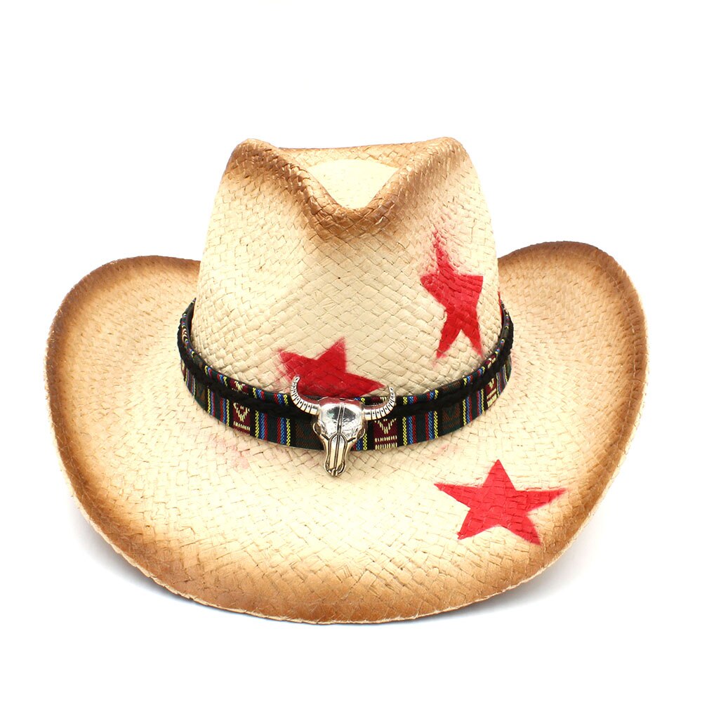 Kvinder mænd halm vestlige cowboy hat med punk blade band stjerne dame far sombrero hombre cowgirl jazz caps størrelse 58cm: C5 kat