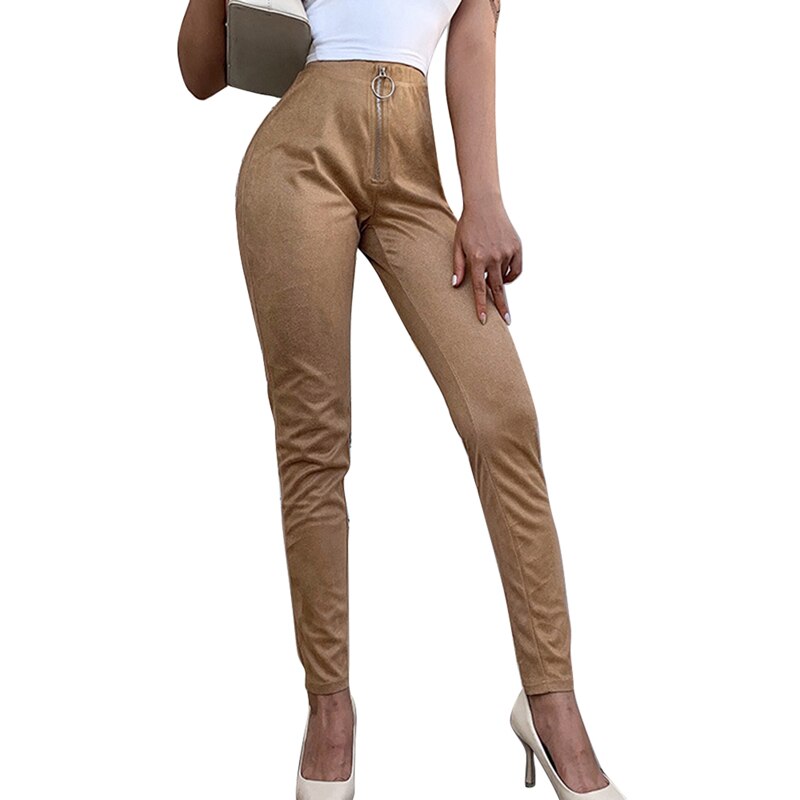 Vertvie mulheres de cintura alta magro estiramento lápis calças ajuste fino à moda feminina zíper sexy calças compridas moda streetwear: khaki / L