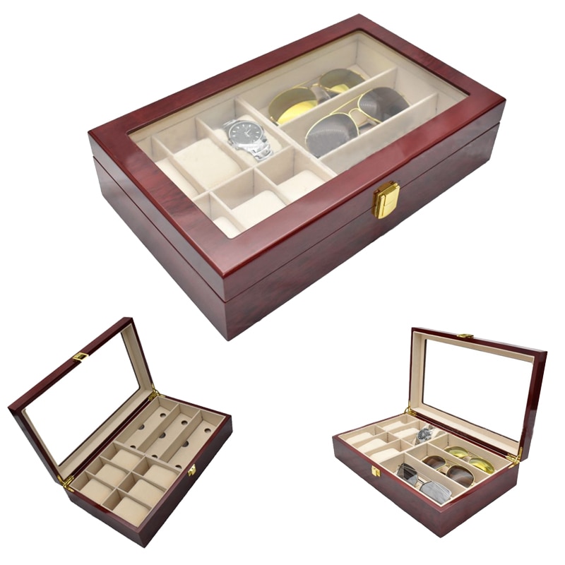 Caja de madera para reloj de lujo con 6 + 3 rejillas, caja para gafas, caja organizadora para joyería, caja de joyería para ver la caja