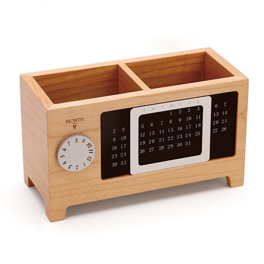 Wooden Organizer Pen Pencil Holder Case With Calendar Ornaments Table Storage Container 2 Grids Wooden Storage Box: A1