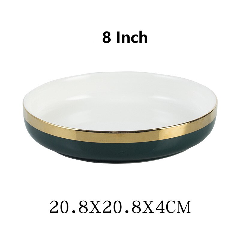 Nordic Stijl Groene Keramische Goud Inlay Diner Plaat Steak Food Lade Servies Rijke Soepkom Fruit Dessert Servies Set: 8 Inch Soup Plate