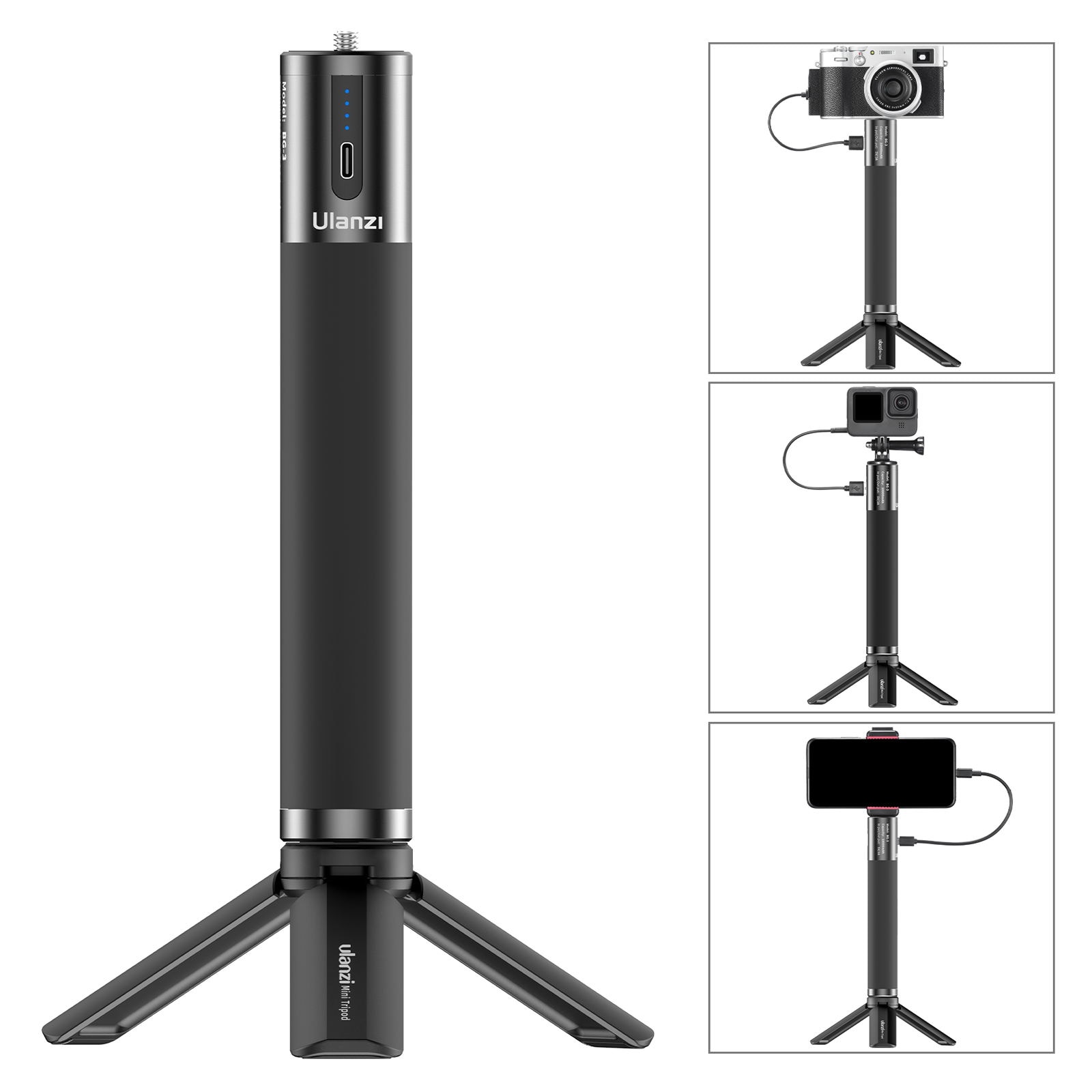 Ulanzi BG-3 Power Bank Hand Grip 10000mAh USB-A Type-C Dual Charging Ports with Mini Tripod for Smartphone Camera