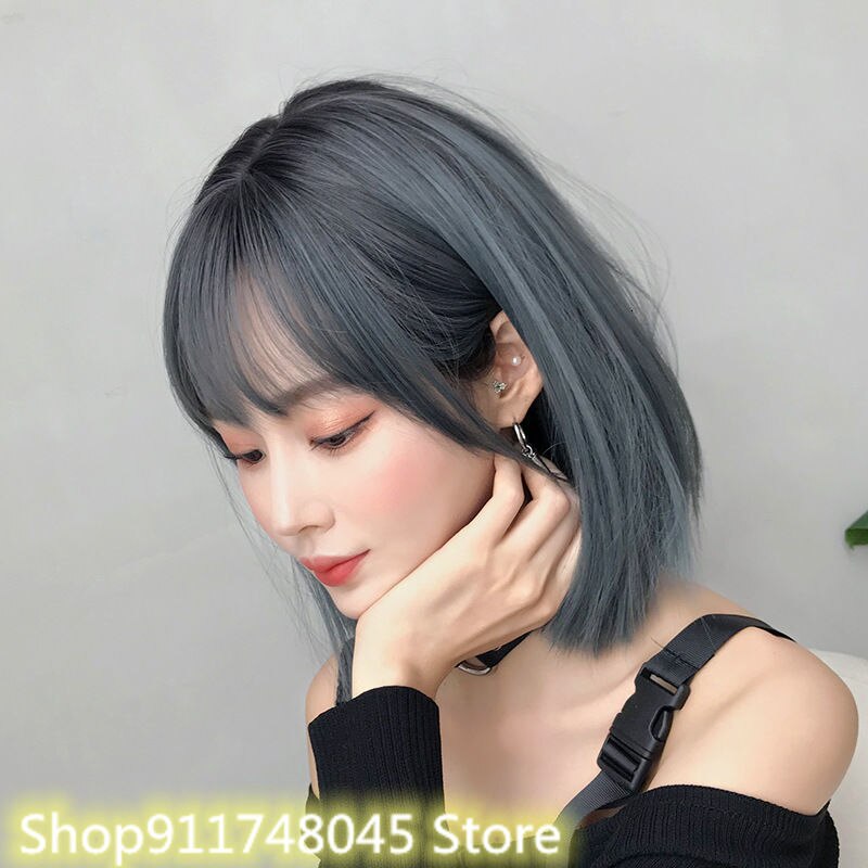 D3111Wig-Peluca de estilo japonés para mujer, con flequillo, tocado Bobo, a la , longitud del hombro, peluca con flequillo