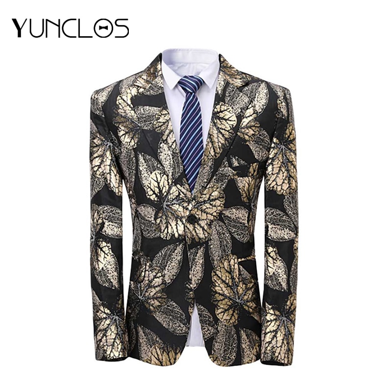 YUNCLOS noir feuille d'or hommes Costume Veste de mariage costumes pour hommes fête vestes hommes Veste Homme Costume une boucle XS-3XL