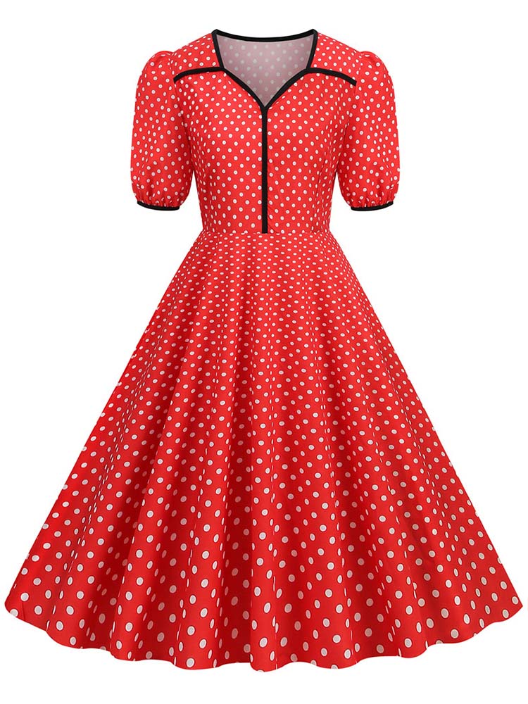 Women's V-neck Summer Dress Polka Dot Print Slim Fit Swing Short Sleeve Party Sundress Robe