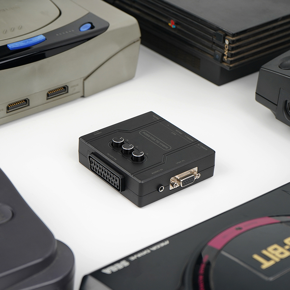Convertidor RGBS VGA SCART a YPBPR, adaptador de vídeo RGBS VGA SCART a YPBPR, convertidor de transcodificador, brillo de Color ajustable