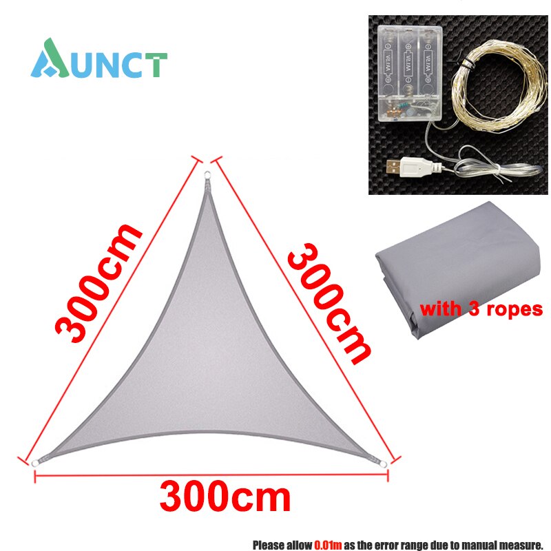 3x3x3M Triangolo sole riparo Ombra Vela portato Luce corda Tende Esterno Romantico Caldo Impermeabile gazebo giardino Tenda a vela