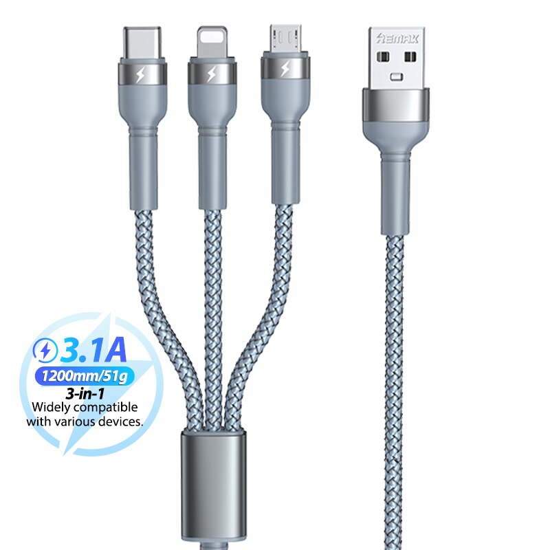 Remax 3 in 1 3a hurtigoplader usb c kabel typec lightning mikro dataoverførsel kabler telefon oplader ledning til iphone xiaomi samsung: Grå