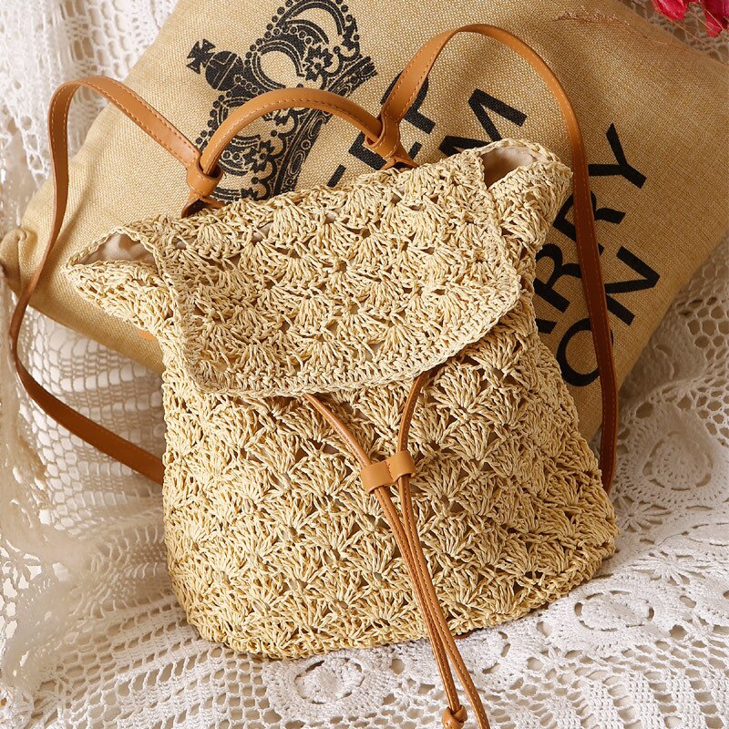 Summer Backpack Sen Women's Seaside Beach Vacation Straw Woven Bag Leisure Bag Purse Fashionable Purses Polyester Handbags