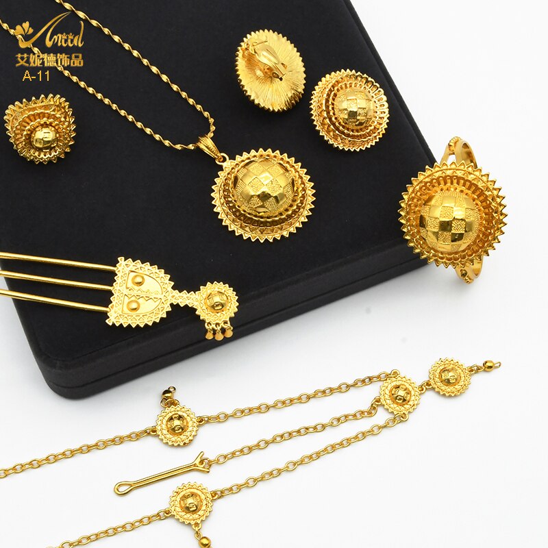 ANIID etiope da sposa 6 pezzi Set di gioielli collana di lusso Color oro marocchino africano Set regalo di accessori per feste di nozze nigeriane
