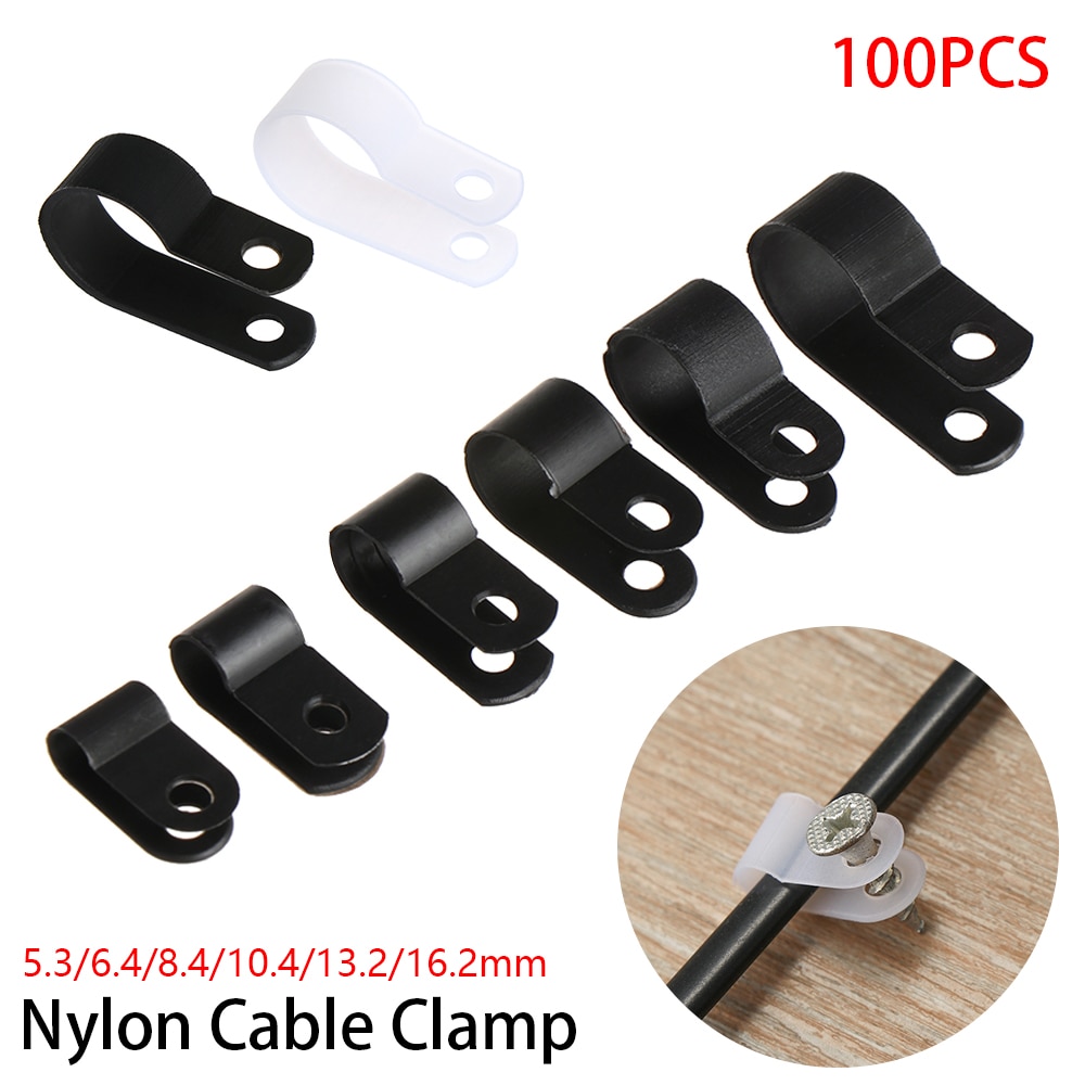 100 stk/parti plastik p-clips sorte slangefastgørelser kabel holdbare r-type nylon kabel klemme montering fix hardware elektriske fittings
