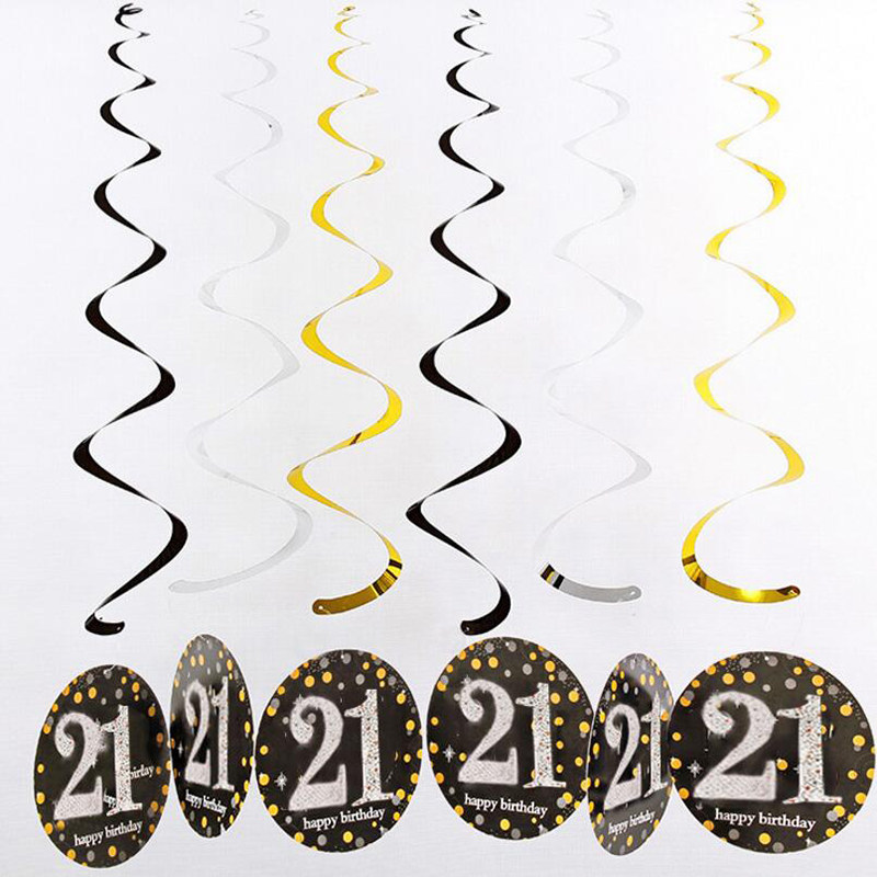 6pcs/set PVC Spiral Happy Birthday Swirl 18 21 30 40 50 60 70 Years Old Hanging Birthday Party Decorations Colored Ribbon: 21-yellow