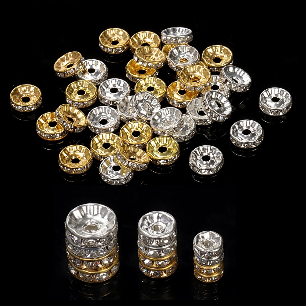 100Stck 4/6/8 / 10mm Gold Silber Strass Rondelles Kristallperlen Runde verlieren Distanzperlen für Schmuckherstellung DIY Zubehör