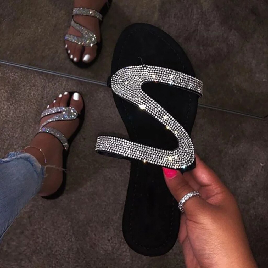 Summer Sandals Women Flip Flops Rhinestone Flat Sandals Ladies Slippers Shoes Female Round Toe Bling Luxury Sandalias Mujer: Black / 42