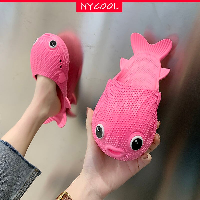 NYCOOL Bionic Boys Girls Cartoon Shoes Puffer Fish Slippers Parent-child Sandals Children Beach Shoes Kids Flip Flops Bathroom: Pink / 30 inner Length18cm