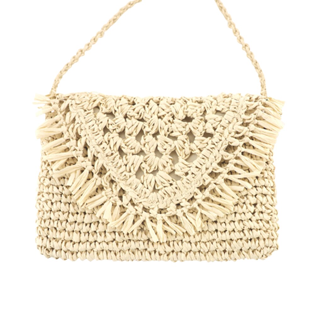 Vintage halm vævet kvinder skulder messenger kvaster strandtasker vævede ferie strand firkantede crossbody håndtasker: Beige