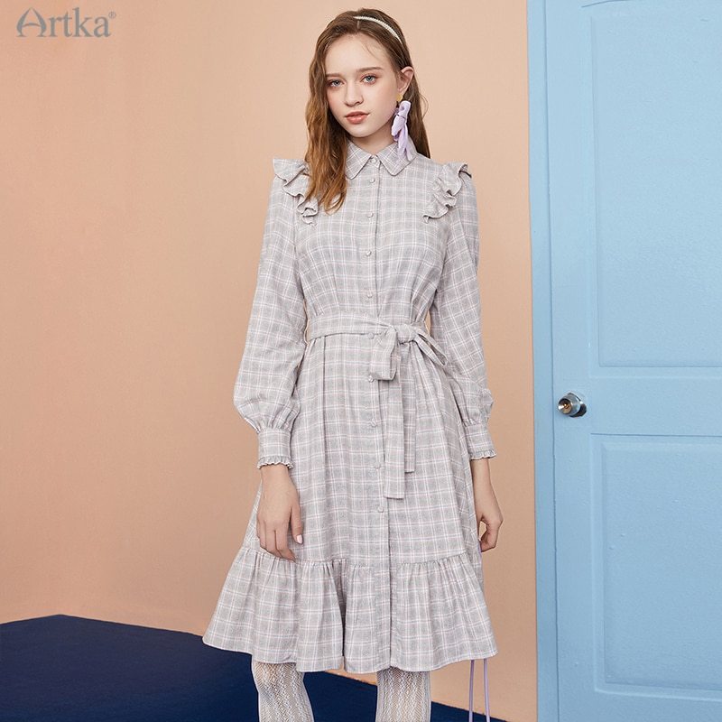 Artka Herfst Winter Vrouwen Jurk Elegante Ruches Plaid Shirt Jurken Lange Mouw Losse Lange Jurk Met Sjerpen LA22003D